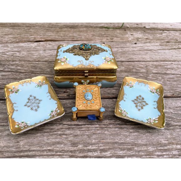 Vintage Lenwile Ardalt Porcelain Glass Jewel Vanity Set Box Match safe Trays - Picture 11 of 16